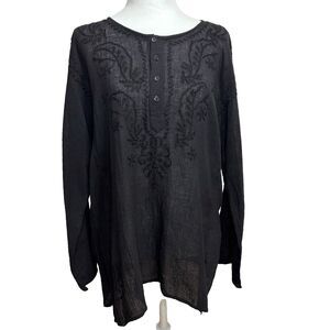 Geeta Embroidered Tunic Top Cover-Up Free Size Black Gauzy Boho Hippie Festival